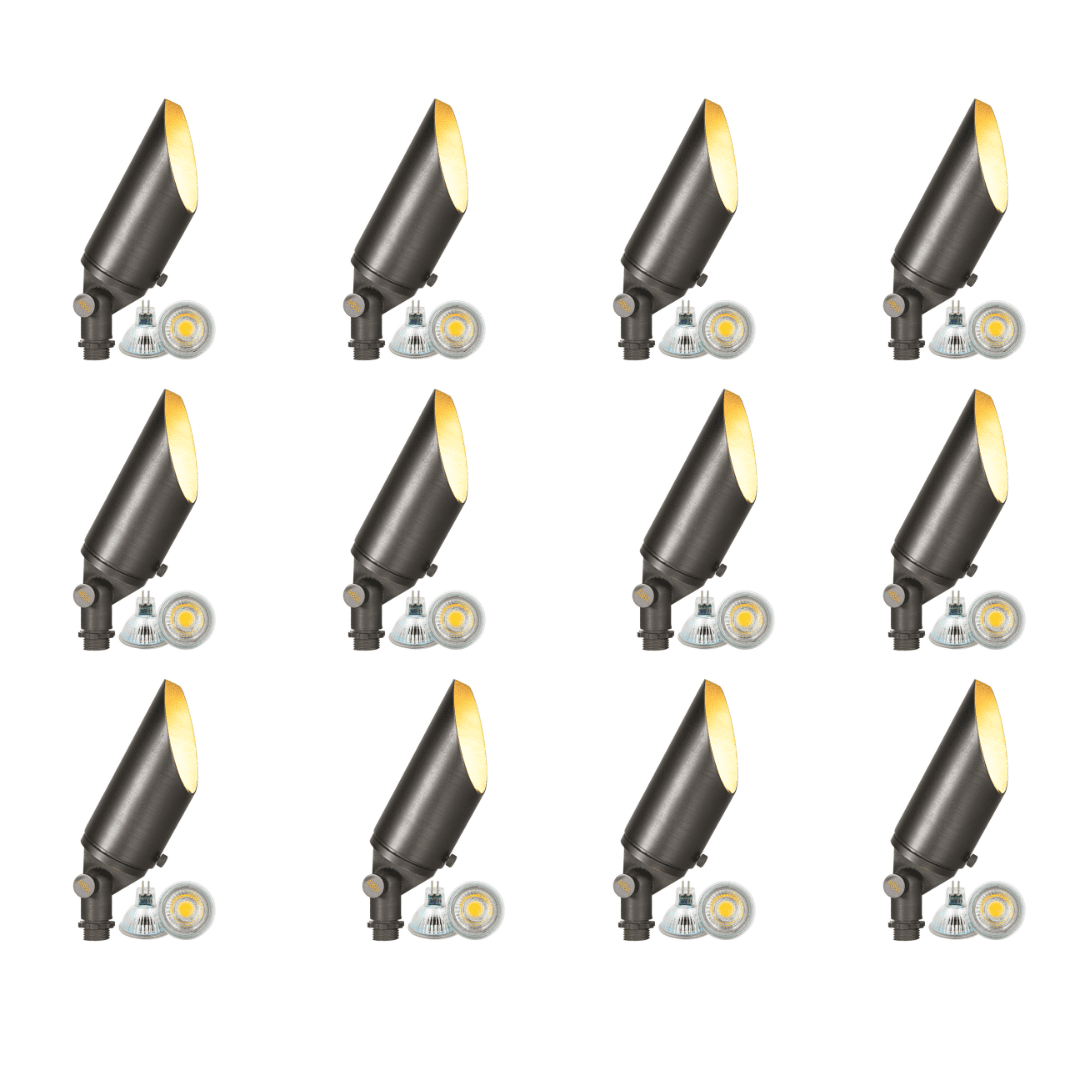 Outdoor Landscape Lighting LED 12V Low Voltage SPB04 4x/8x/12x Package Adjustable 12V Low Voltage LED Bullet Landscape Brass Spotlight Outdoor Lighting with MR16 5W 3000K Bulb Dark Brass 12 Pack