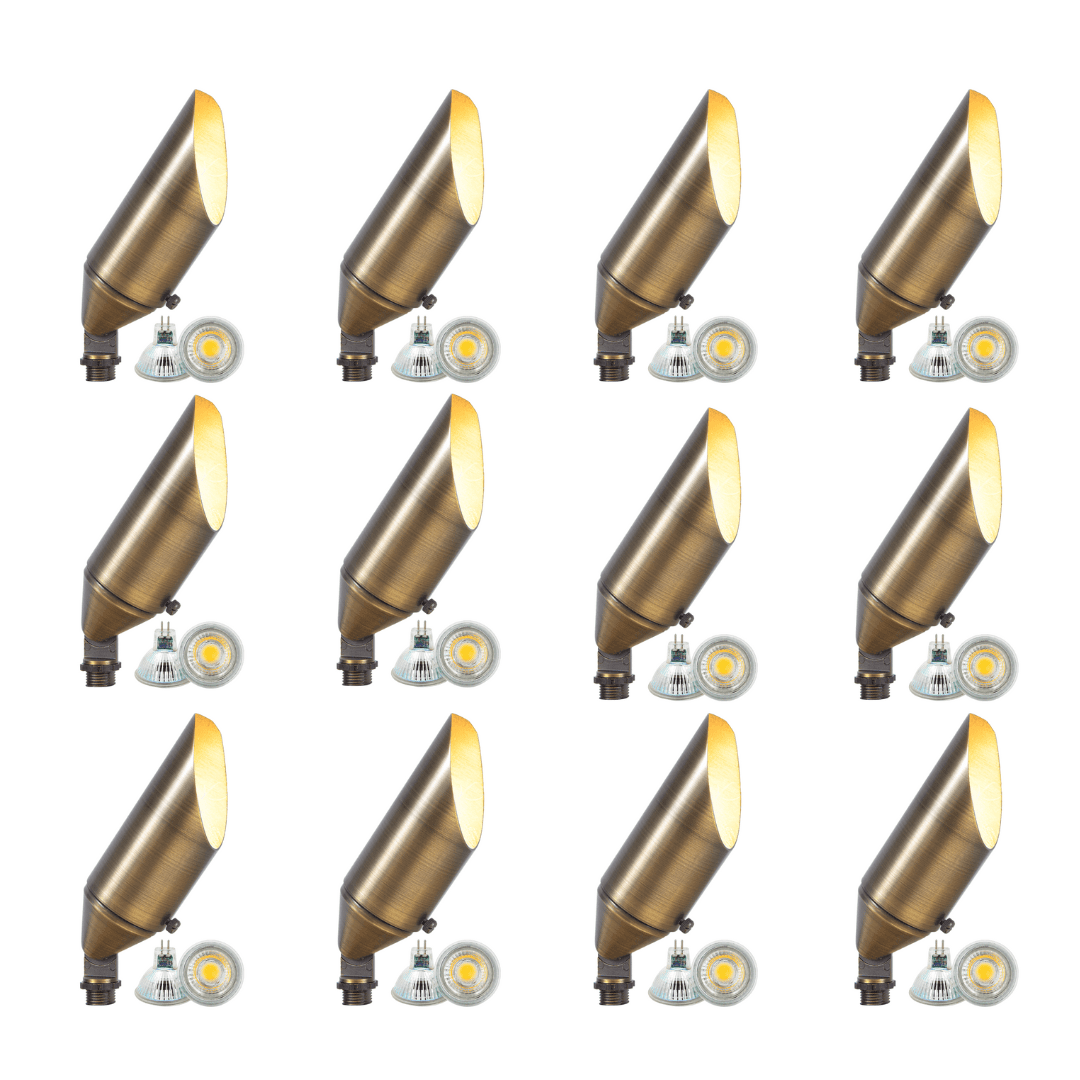 Outdoor Landscape Lighting LED 12V Low Voltage SPB04 4x/8x/12x Package Adjustable 12V Low Voltage LED Bullet Landscape Brass Spotlight Outdoor Lighting with MR16 5W 3000K Bulb Natural Brass 12 Pack