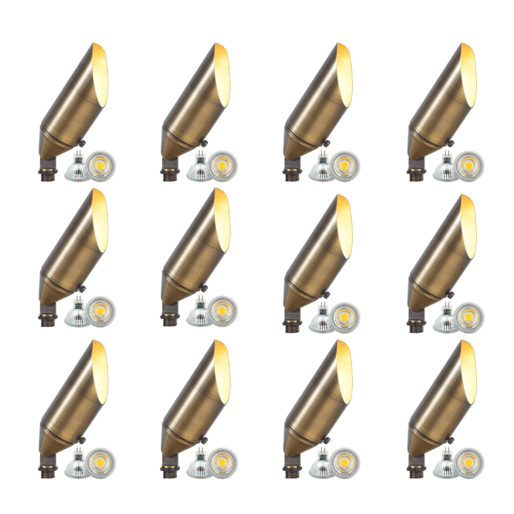 Outdoor Landscape Lighting LED 12V Low Voltage SPB04 4x/8x/12x Package Adjustable 12V Low Voltage LED Bullet Landscape Brass Spotlight Outdoor Lighting with MR16 5W 3000K Bulb Natural Brass 12 Pack