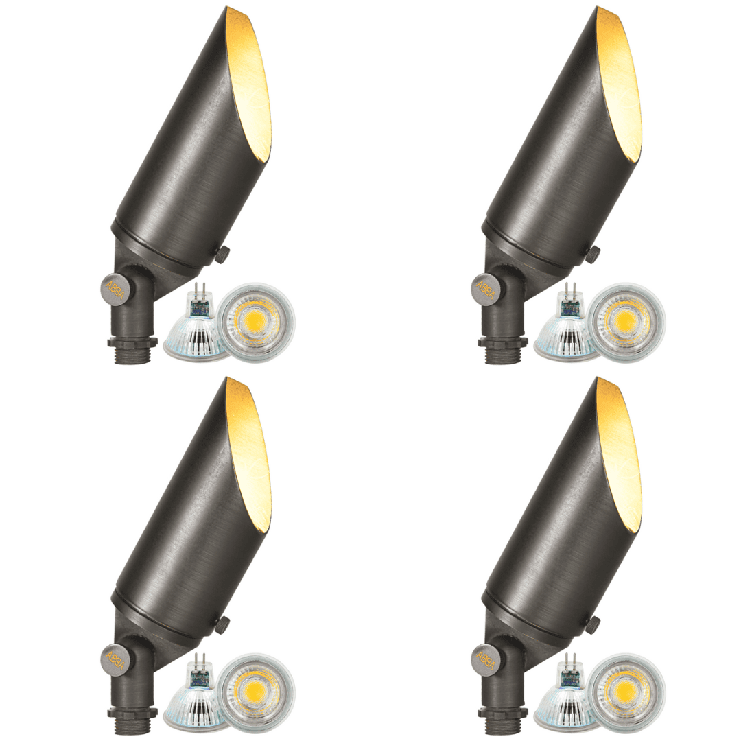 Outdoor Landscape Lighting LED 12V Low Voltage SPB04 4x/8x/12x Package Adjustable 12V Low Voltage LED Bullet Landscape Brass Spotlight Outdoor Lighting with MR16 5W 3000K Bulb Dark Brass 4 Pack