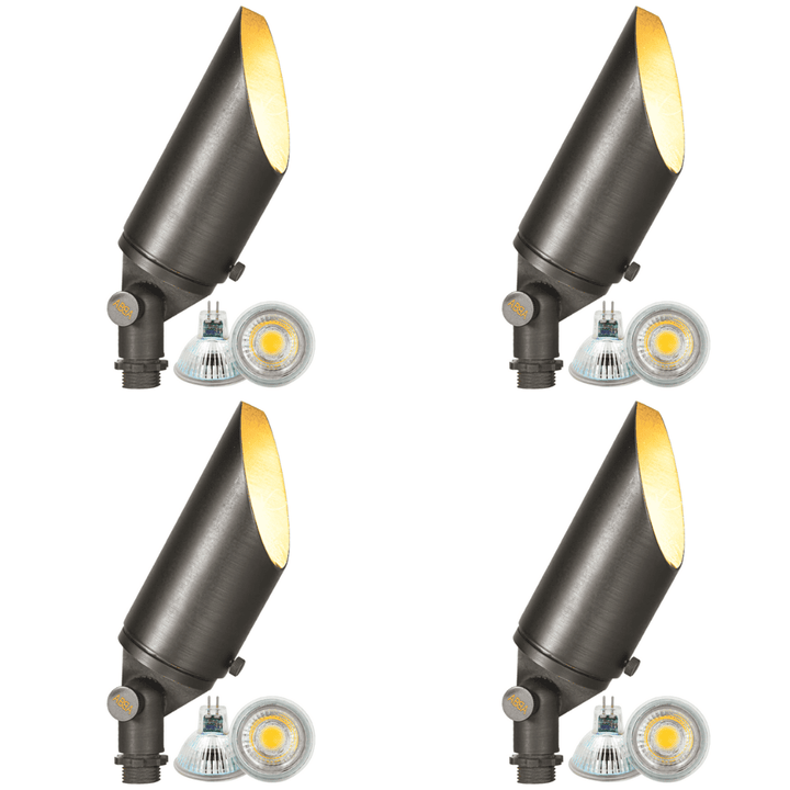 Outdoor Landscape Lighting LED 12V Low Voltage SPB04 4x/8x/12x Package Adjustable 12V Low Voltage LED Bullet Landscape Brass Spotlight Outdoor Lighting with MR16 5W 3000K Bulb Dark Brass 4 Pack