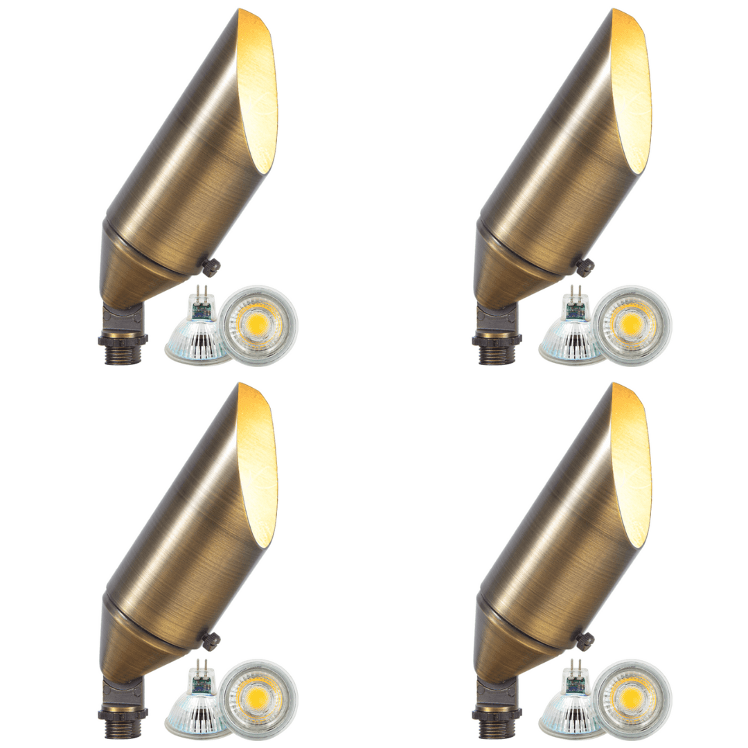 Outdoor Landscape Lighting LED 12V Low Voltage SPB04 4x/8x/12x Package Adjustable 12V Low Voltage LED Bullet Landscape Brass Spotlight Outdoor Lighting with MR16 5W 3000K Bulb Natural Brass 4 Pack