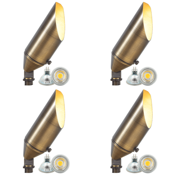 Outdoor Landscape Lighting LED 12V Low Voltage SPB04 4x/8x/12x Package Adjustable 12V Low Voltage LED Bullet Landscape Brass Spotlight Outdoor Lighting with MR16 5W 3000K Bulb Natural Brass 4 Pack