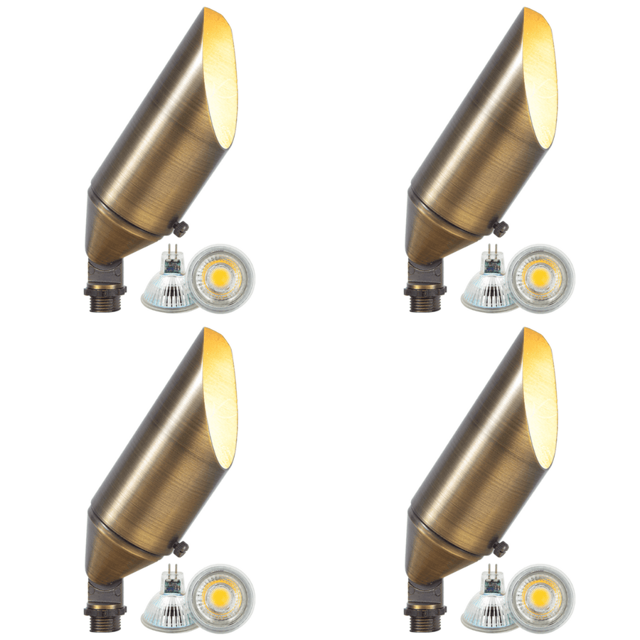 Outdoor Landscape Lighting LED 12V Low Voltage SPB04 4x/8x/12x Package Adjustable 12V Low Voltage LED Bullet Landscape Brass Spotlight Outdoor Lighting with MR16 5W 3000K Bulb Natural Brass 4 Pack