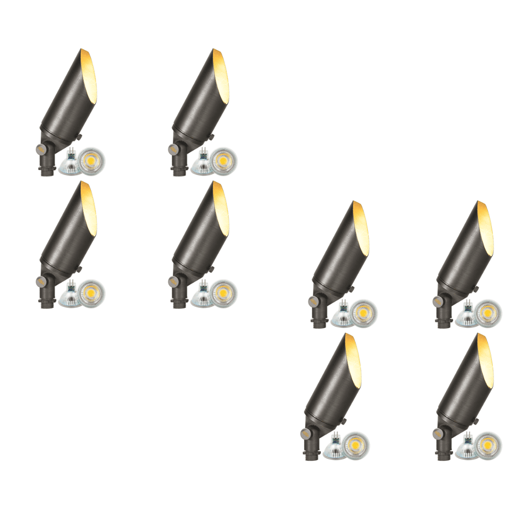 Outdoor Landscape Lighting LED 12V Low Voltage SPB04 4x/8x/12x Package Adjustable 12V Low Voltage LED Bullet Landscape Brass Spotlight Outdoor Lighting with MR16 5W 3000K Bulb Dark Brass 8 pack
