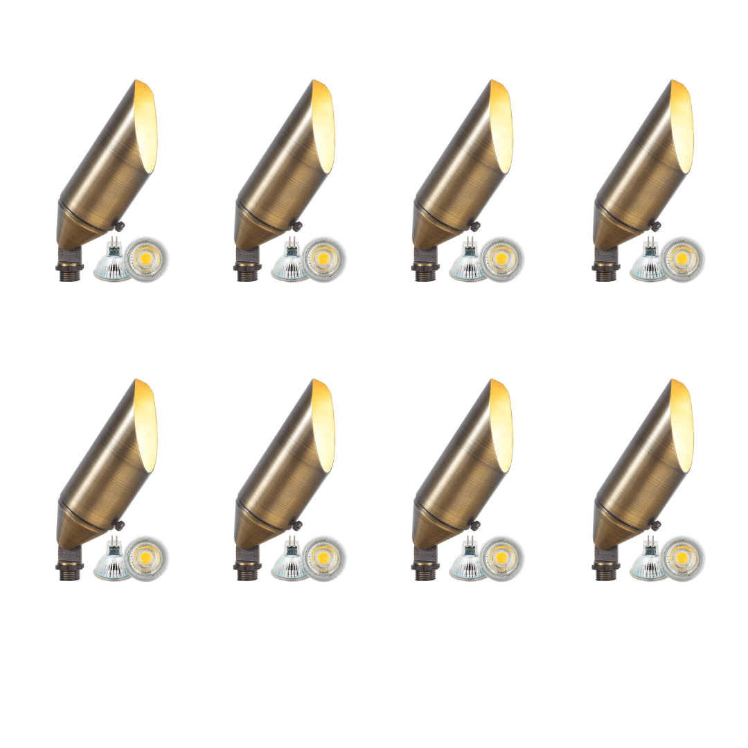 Outdoor Landscape Lighting LED 12V Low Voltage SPB04 4x/8x/12x Package Adjustable 12V Low Voltage LED Bullet Landscape Brass Spotlight Outdoor Lighting with MR16 5W 3000K Bulb Natural Brass 8 pack