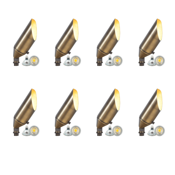 Outdoor Landscape Lighting LED 12V Low Voltage SPB04 4x/8x/12x Package Adjustable 12V Low Voltage LED Bullet Landscape Brass Spotlight Outdoor Lighting with MR16 5W 3000K Bulb Natural Brass 8 pack