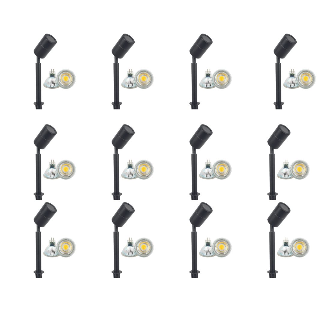 Outdoor Landscape Lighting LED 12V Low Voltage SPS02 4x/8x/12x Package 12V Low Voltage LED Stainless Steel Spotlight Adjustable Up Lighting Fixtures with 5W 3000K Bulb Black 12 Pack
