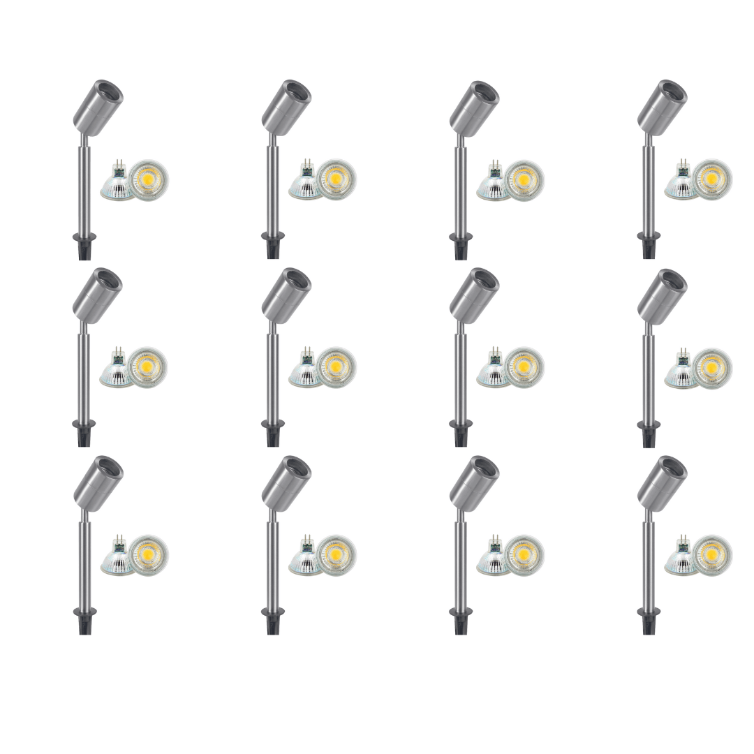 Outdoor Landscape Lighting LED 12V Low Voltage SPS02 4x/8x/12x Package 12V Low Voltage LED Stainless Steel Spotlight Adjustable Up Lighting Fixtures with 5W 3000K Bulb Stainless Steel 12 Pack
