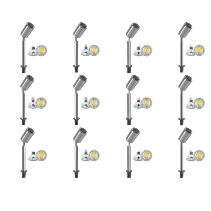 Outdoor Landscape Lighting LED 12V Low Voltage SPS02 4x/8x/12x Package 12V Low Voltage LED Stainless Steel Spotlight Adjustable Up Lighting Fixtures with 5W 3000K Bulb Stainless Steel 12 Pack