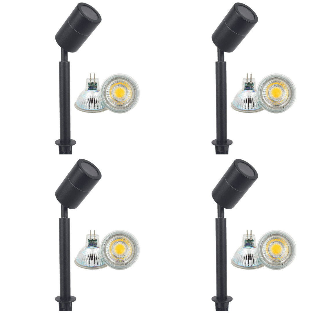 Outdoor Landscape Lighting LED 12V Low Voltage SPS02 4x/8x/12x Package 12V Low Voltage LED Stainless Steel Spotlight Adjustable Up Lighting Fixtures with 5W 3000K Bulb Black 4 Pack