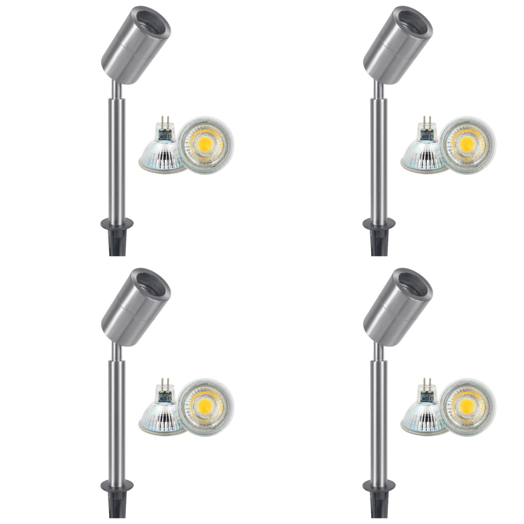 Outdoor Landscape Lighting LED 12V Low Voltage SPS02 4x/8x/12x Package 12V Low Voltage LED Stainless Steel Spotlight Adjustable Up Lighting Fixtures with 5W 3000K Bulb Stainless Steel 4 Pack