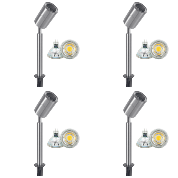 Outdoor Landscape Lighting LED 12V Low Voltage SPS02 4x/8x/12x Package 12V Low Voltage LED Stainless Steel Spotlight Adjustable Up Lighting Fixtures with 5W 3000K Bulb Stainless Steel 4 Pack
