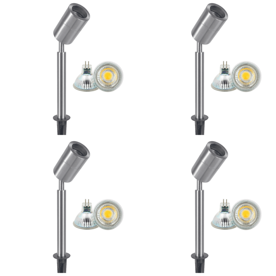 Outdoor Landscape Lighting LED 12V Low Voltage SPS02 4x/8x/12x Package 12V Low Voltage LED Stainless Steel Spotlight Adjustable Up Lighting Fixtures with 5W 3000K Bulb Stainless Steel 4 Pack
