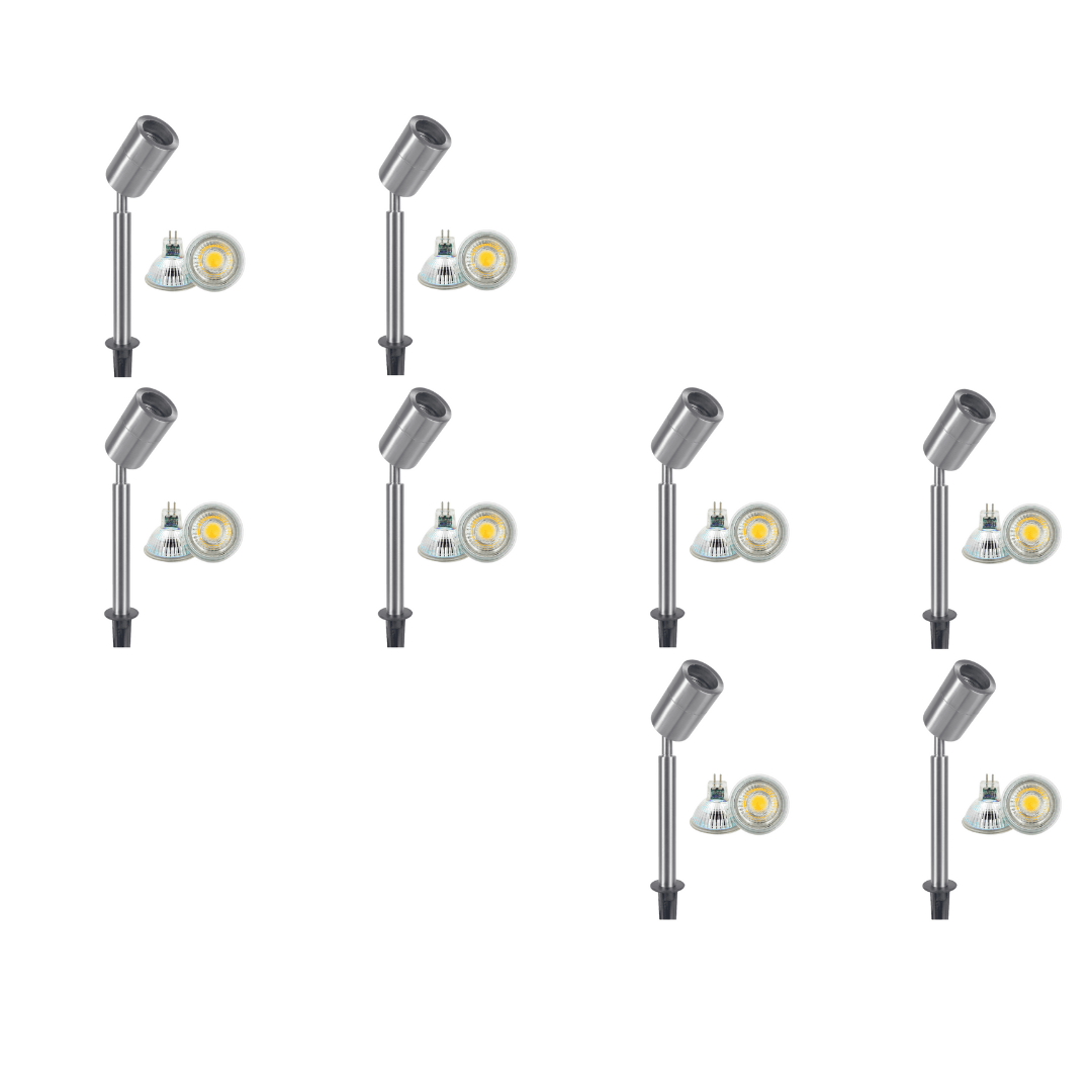 Outdoor Landscape Lighting LED 12V Low Voltage SPS02 4x/8x/12x Package 12V Low Voltage LED Stainless Steel Spotlight Adjustable Up Lighting Fixtures with 5W 3000K Bulb Stainless Steel 8 Pack