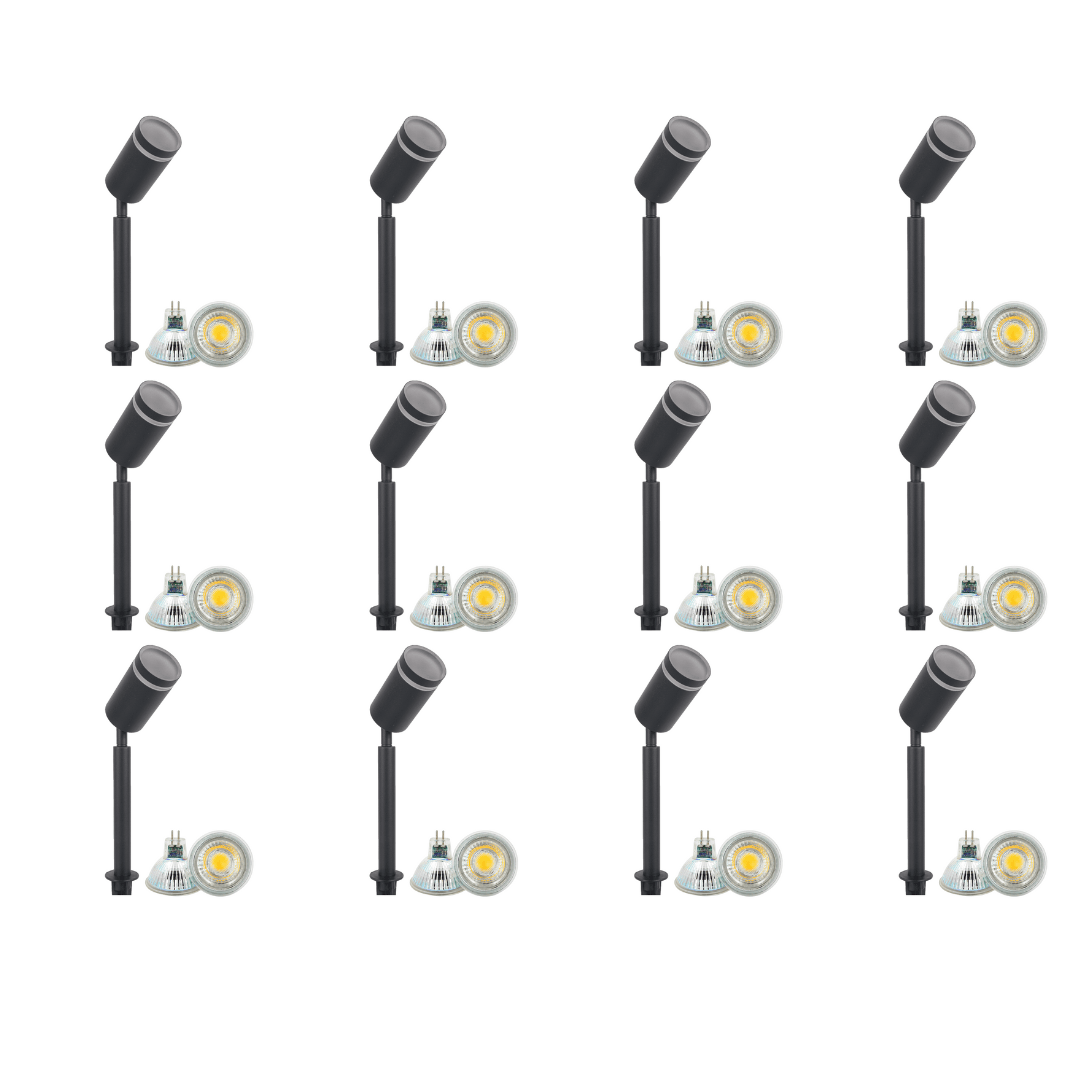 Outdoor Landscape Lighting LED 12V Low Voltage SPS03 4x/8x/12x Package LED Stainless Steel 12V Low Voltage Outdoor Spotlight Adjustable Up Lighting Fixtures with 5W 3000K Bulb Black 12 Pack