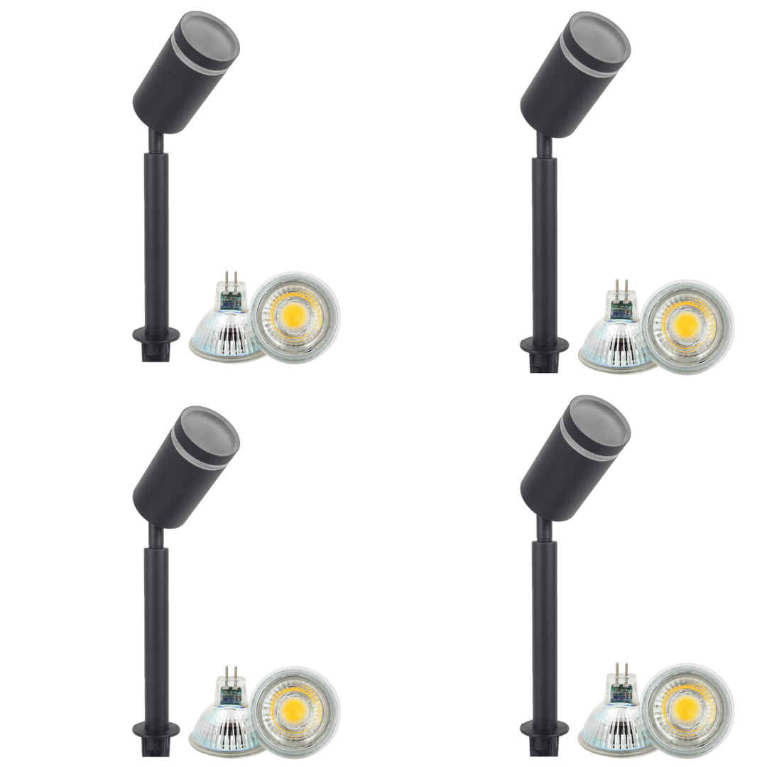 Outdoor Landscape Lighting LED 12V Low Voltage SPS03 4x/8x/12x Package LED Stainless Steel 12V Low Voltage Outdoor Spotlight Adjustable Up Lighting Fixtures with 5W 3000K Bulb Black 4 Pack