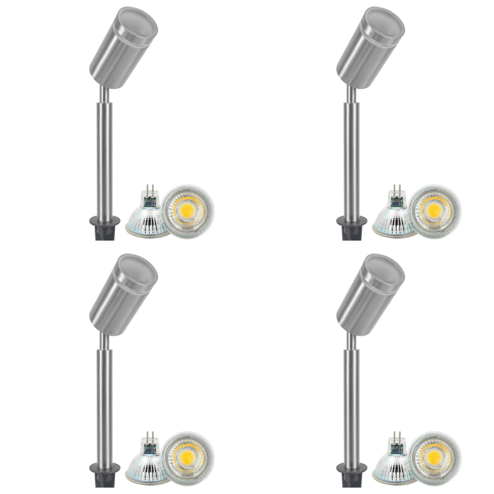 Outdoor Landscape Lighting LED 12V Low Voltage SPS03 4x/8x/12x Package LED Stainless Steel 12V Low Voltage Outdoor Spotlight Adjustable Up Lighting Fixtures with 5W 3000K Bulb Stainless Steel 4 Pack