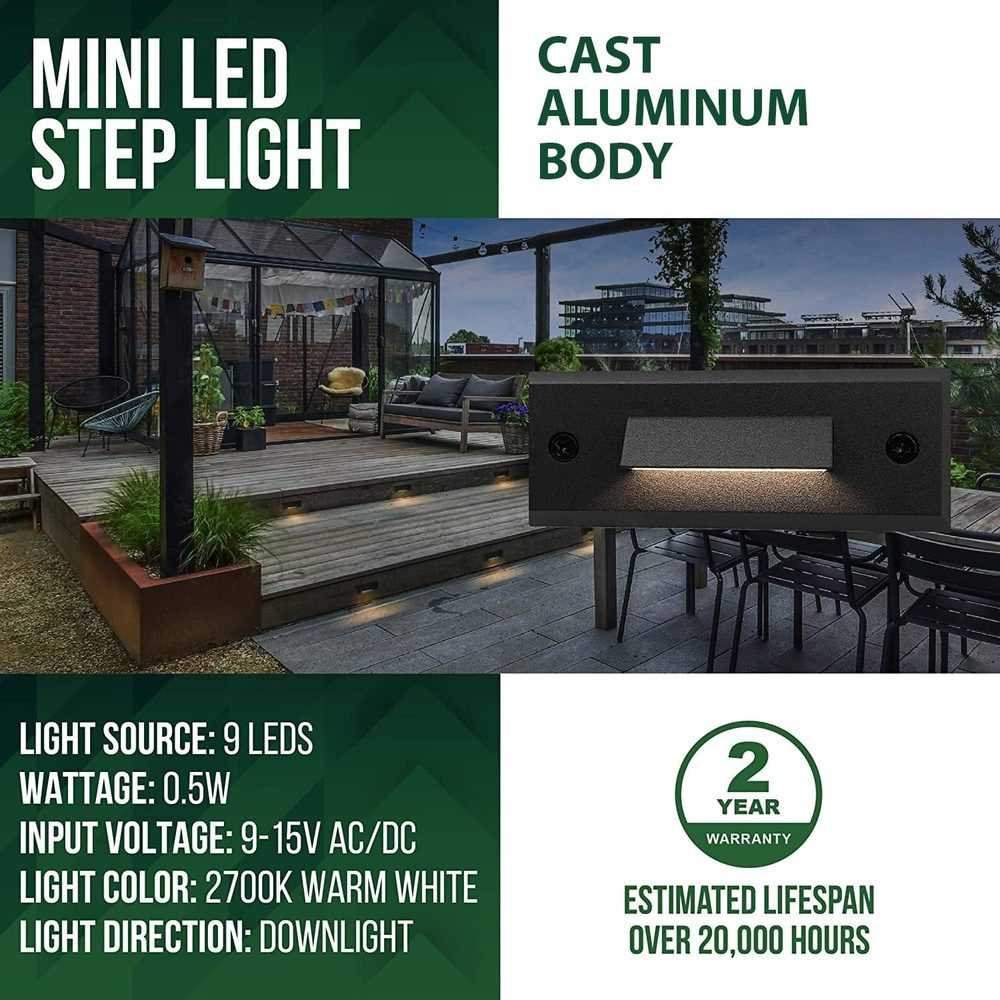 Outdoor Landscape Lighting LED 12V Low Voltage STLA04 4-Pack 1W Slim Black Low Voltage 2700K Warm White Integrated LED Outdoor Step Lights Package, 12V LED Deck Lights Landscape Lights