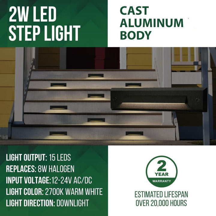 Outdoor Landscape Lighting LED 12V Low Voltage STLA06 2x/6x/12x Package 2W Slim Black Low Voltage 2700K/3000K Warm White Integrated LED Outdoor Step Lights Package, 12V LED Deck Lights Landscape Lights