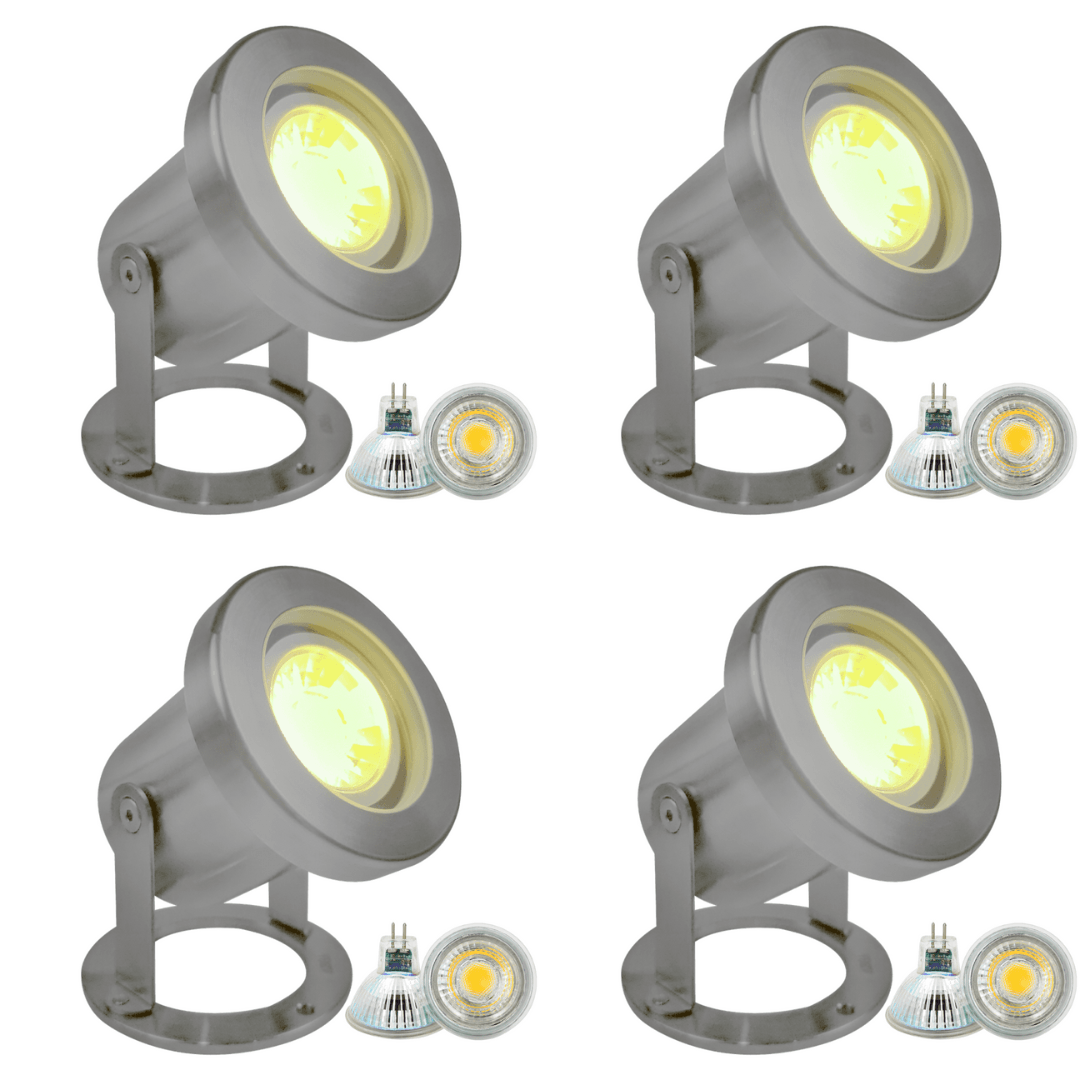 Outdoor Landscape Lighting LED 12V Low Voltage ULB03 4x/8x/12x Package Stainless Steel 12V Low Voltage Underwater Landscape LED Fountain Light Pond Lighting with MR16 5W 3000K Bulb 4 Pack