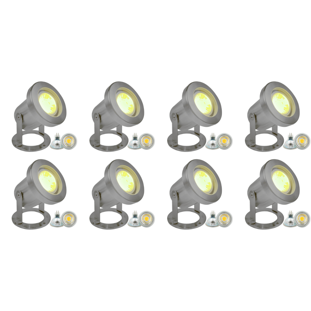 Outdoor Landscape Lighting LED 12V Low Voltage ULB03 4x/8x/12x Package Stainless Steel 12V Low Voltage Underwater Landscape LED Fountain Light Pond Lighting with MR16 5W 3000K Bulb 8 Pack