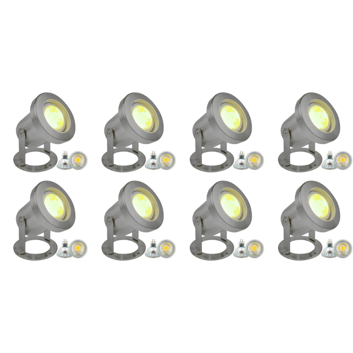 Outdoor Landscape Lighting LED 12V Low Voltage ULB03 4x/8x/12x Package Stainless Steel 12V Low Voltage Underwater Landscape LED Fountain Light Pond Lighting with MR16 5W 3000K Bulb 8 Pack