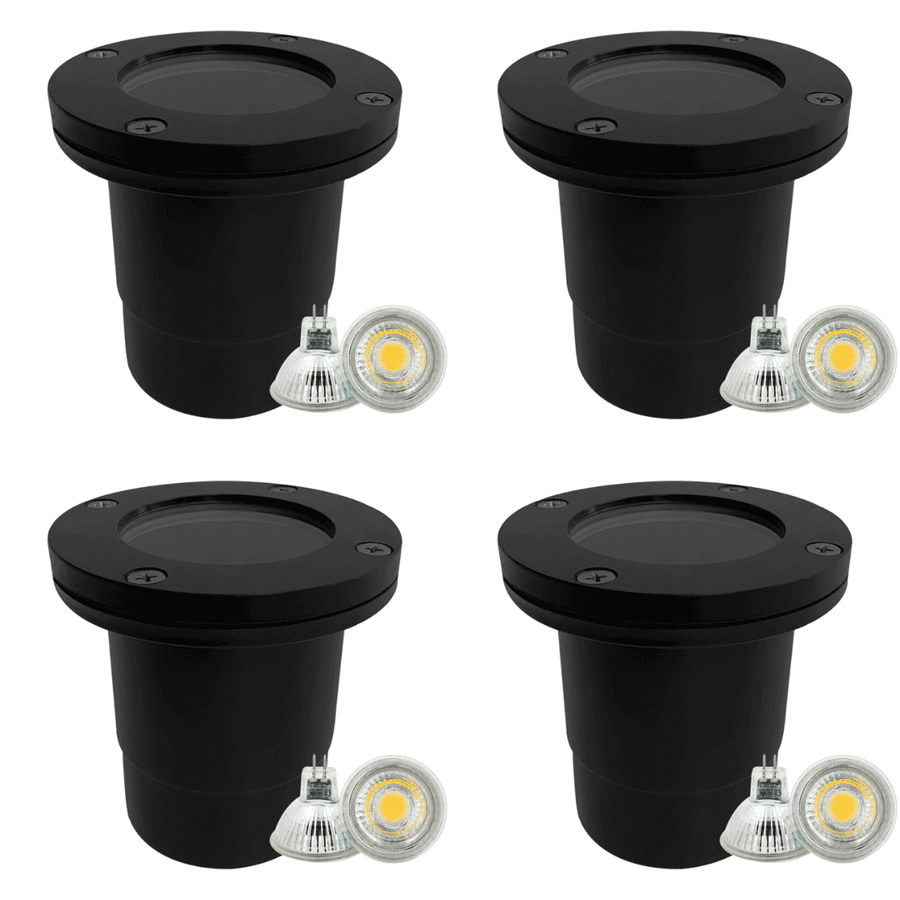 Outdoor Landscape Lighting LED 12V Low Voltage UNF07 4x/8x/12x Package Fiber Glass 12V Low Voltage Round LED In-ground Well Light IP65 Waterproof with MR16 5W 3000K Bulb Black 4 Pack