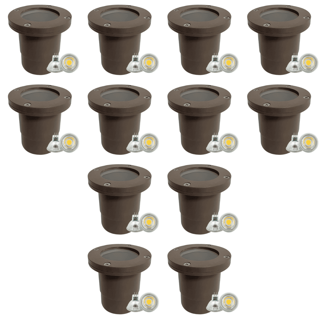 Outdoor Landscape Lighting LED 12V Low Voltage UNF07 4x/8x/12x Package Fiber Glass 12V Low Voltage Round LED In-ground Well Light IP65 Waterproof with MR16 5W 3000K Bulb Brown 12 Pack