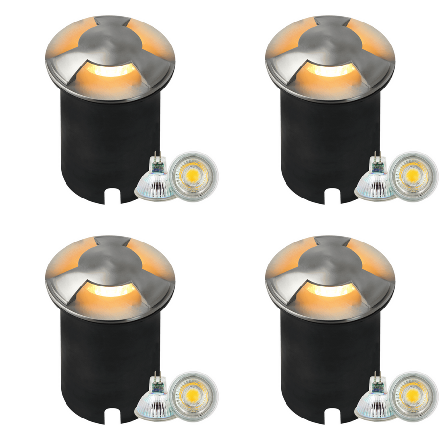 Outdoor Landscape Lighting LED 12V Low Voltage UNS05 4x/8x/12x Package Stainless Steel Tri Directional Three Slit In-Ground 12V Low Voltage LED In Ground Landscape Lighting with MR16 5W 3000K Bulb 4 Pack Stainless Steel