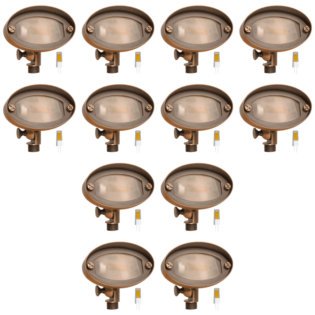 Outdoor Landscape Lighting LED 12V Low Voltage FPB03 4x/8x/12x Package Brass Oval LED Directional Floodlight Adjustable Lighting 12V Low Voltage with G4 3W 3000K Bulb 12 Pack